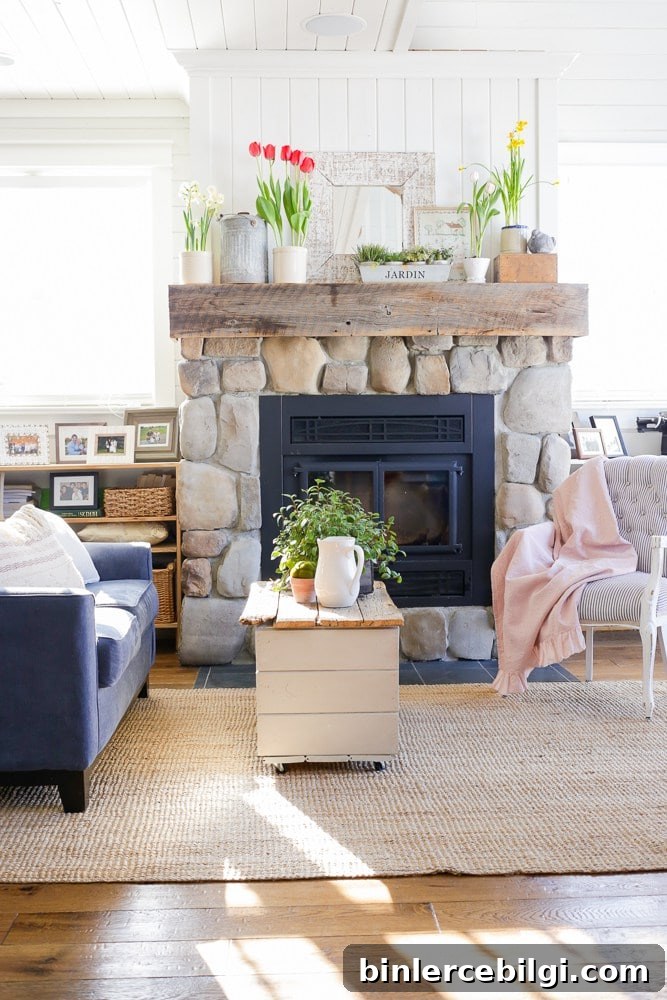 Spring mantel decor with tulips and daffodils