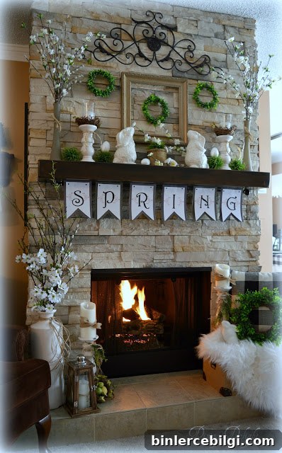 spring fireplace mantel decorations with spring garland sign, rabbit figures, candles and faux boxwood wreaths