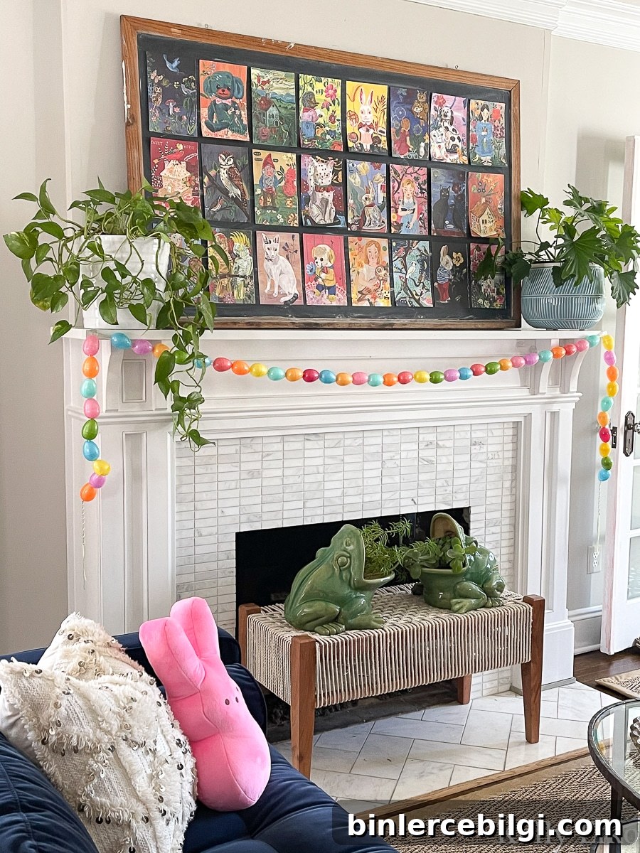 spring mantel with DIY egg garland