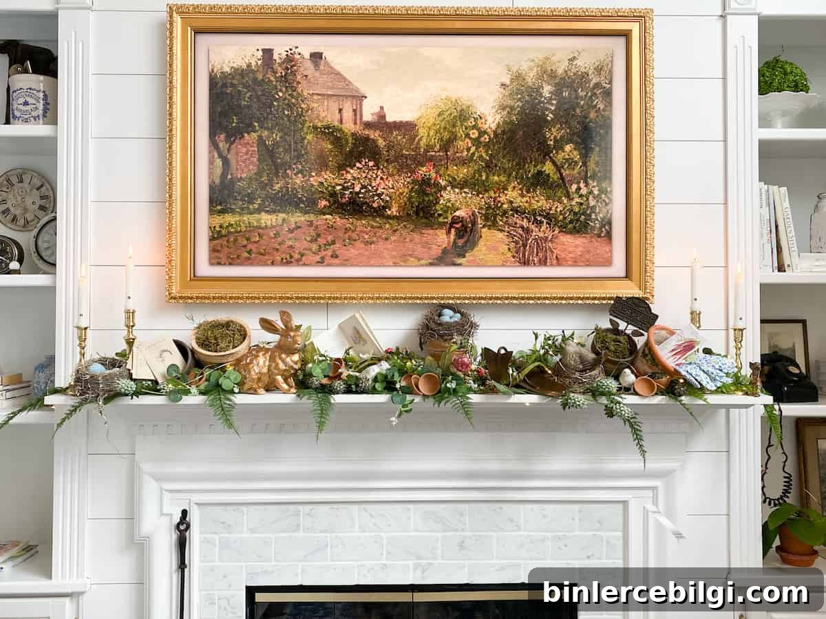 whimsical gardening spring mantel