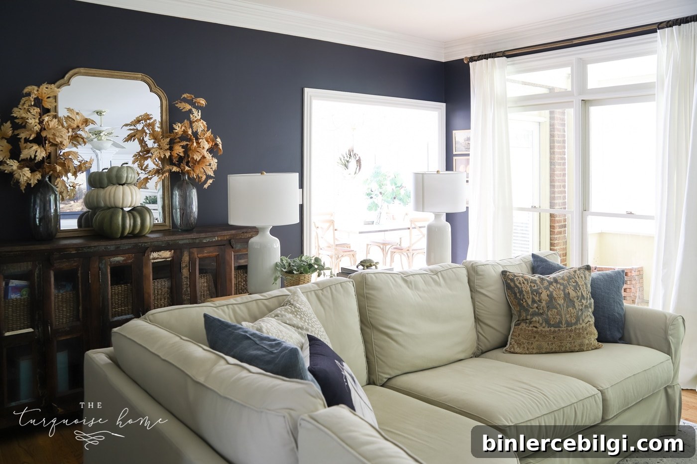 Fall living room with navy walls