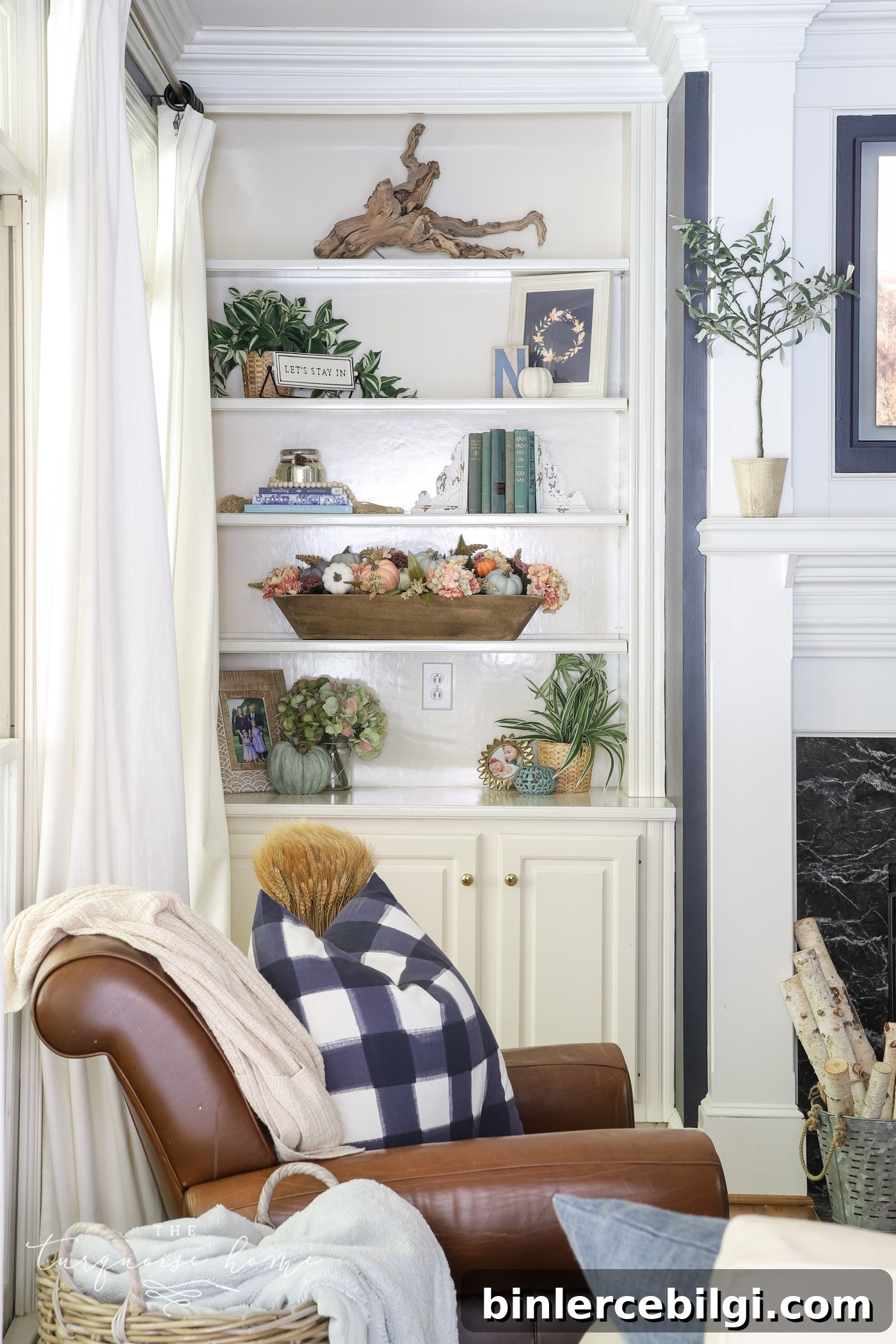 Built-In Shelves with Fall Decor