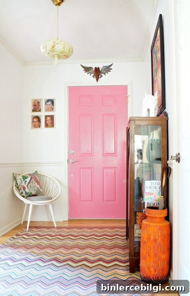 Interior Door Paint Color Ideas to Transform Your Home 8 Boho pink interior door in an entryway