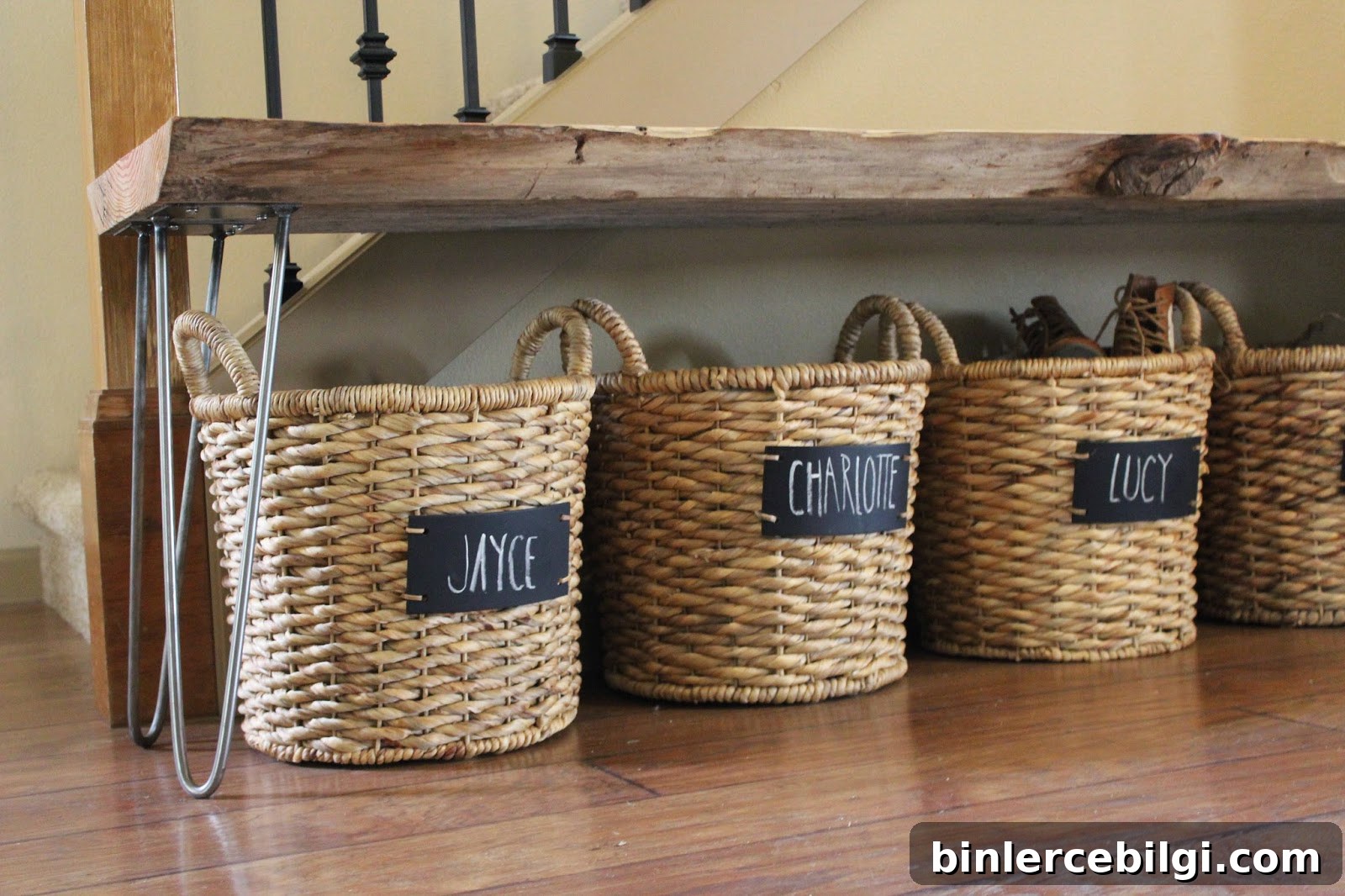 15 Clever Entryway Storage Ideas for Small Spaces 5 Under-bench labeled baskets keep personal belongings organized and out of sight.