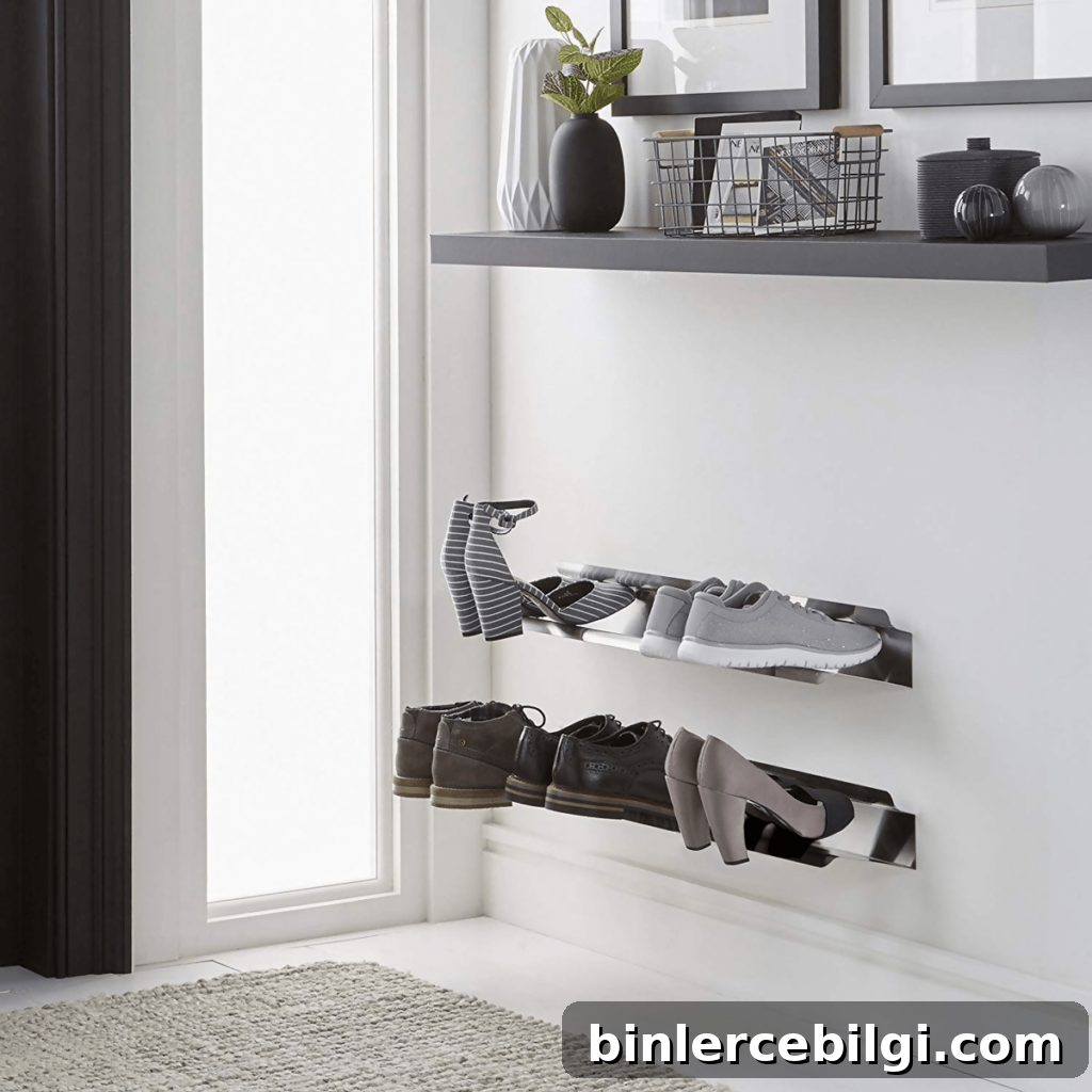 15 Clever Entryway Storage Ideas for Small Spaces 10 Wall-mounted shoe rack keeps this entryway clean and organized.
