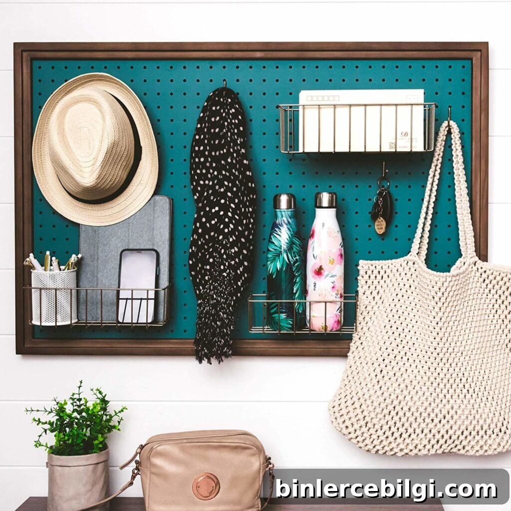 15 Clever Entryway Storage Ideas for Small Spaces 13 Pegboard, hooks and baskets can store everything from hats and scarves to electronics and water bottles.