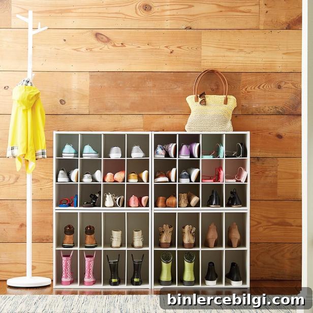 15 Clever Entryway Storage Ideas for Small Spaces 15 Stackable shoe organizer holds a dozen pairs of shoes.