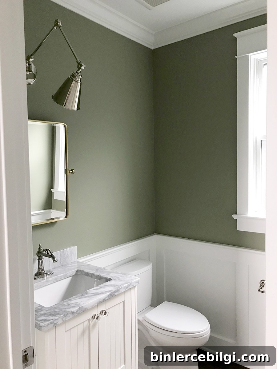 Powder room with Lichen by Farrow & Ball and white wainscoting