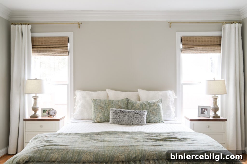 King size bed with bamboo shades and curtains