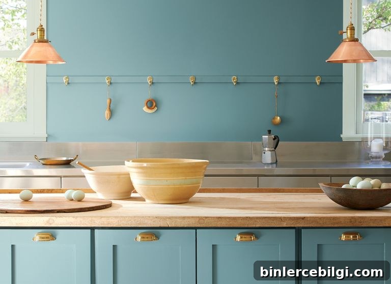Aegean Teal painted on kitchen wall and cabinets