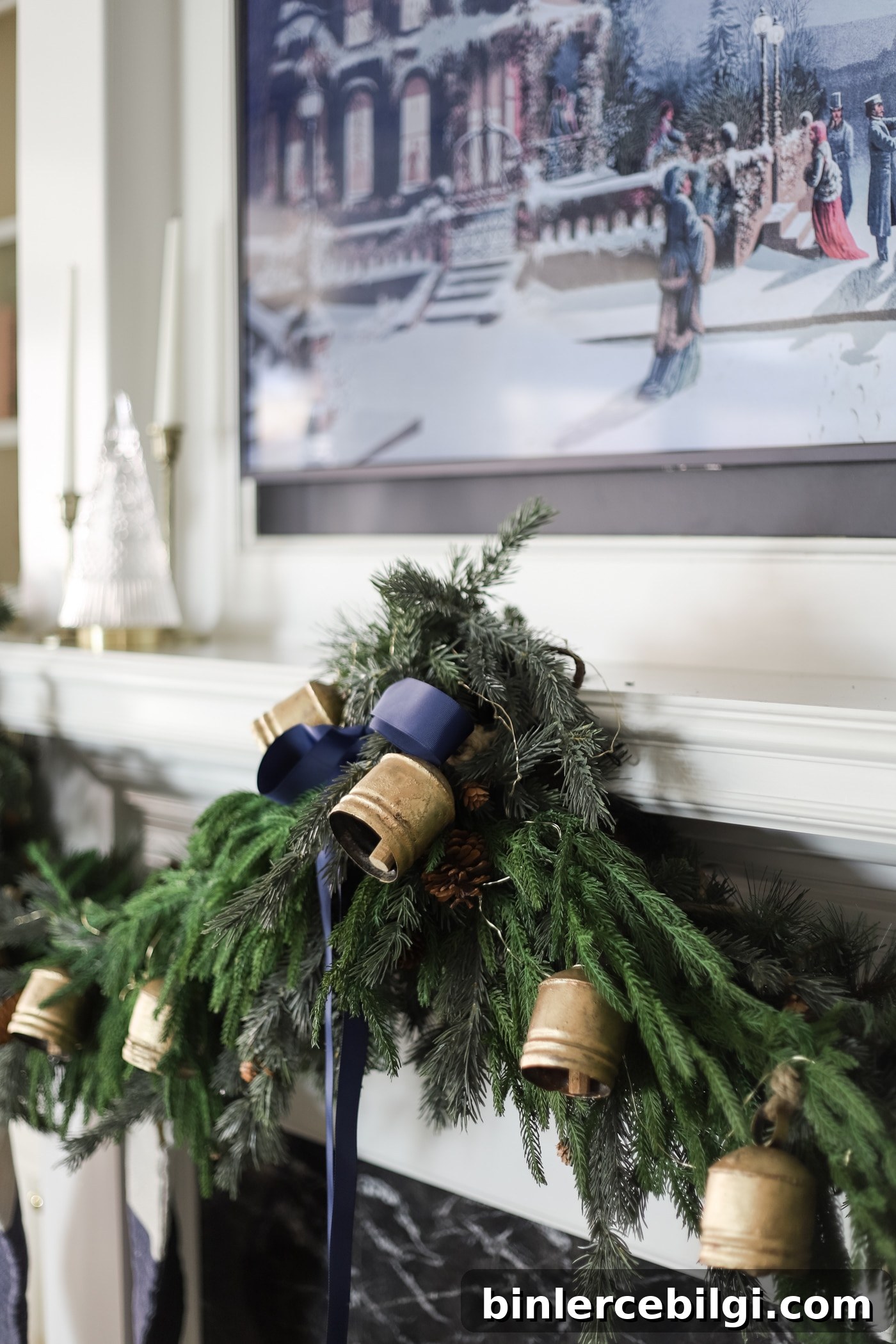 Christmas Garland with Navy Ribbon