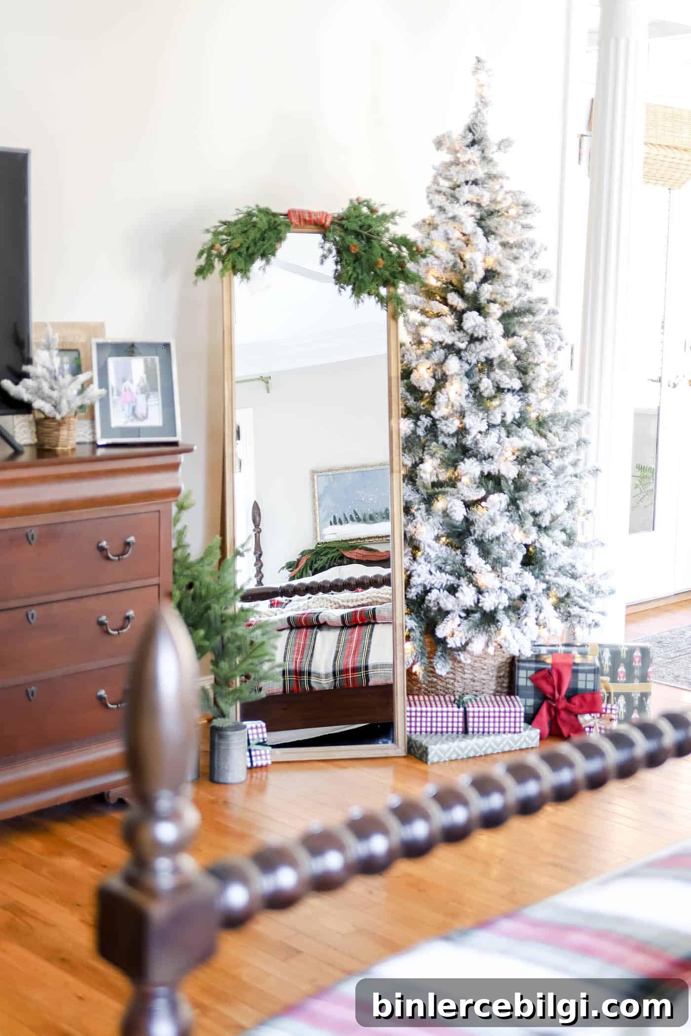 Christmas Bedroom Decor Ideas for a Cozy Holiday Retreat 3 flocked, naked tree in primary bedroom Christmas decor