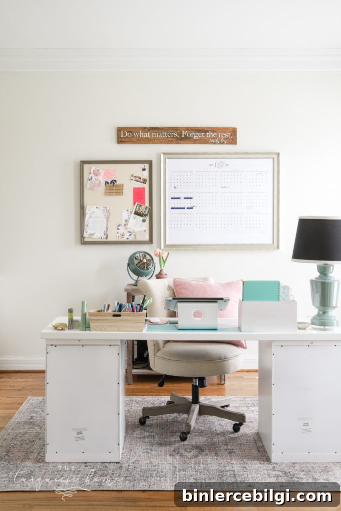 Shoji White by Sherwin Williams in feminine office space