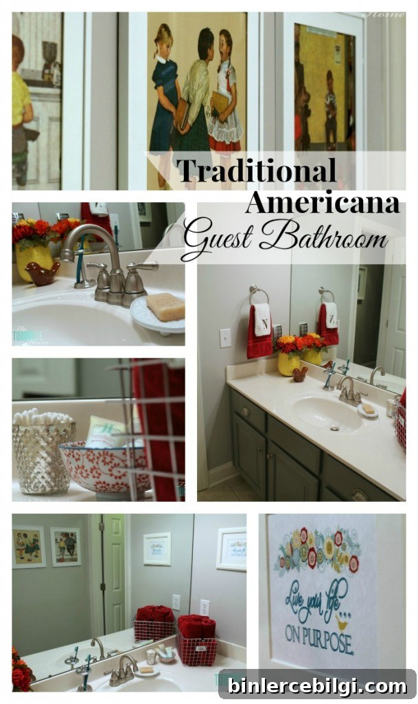Traditional-Americana Guest Bathroom Update: painted walls, cabinets, new hardware and a punch of color!
