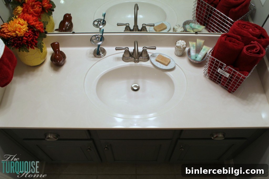 Traditional-Americana Guest Bathroom Update: painted walls, cabinets, new hardware and a punch of color!