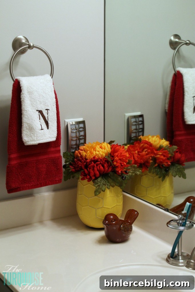 Traditional-Americana Guest Bathroom Update: painted walls, cabinets, new hardware and a punch of color!