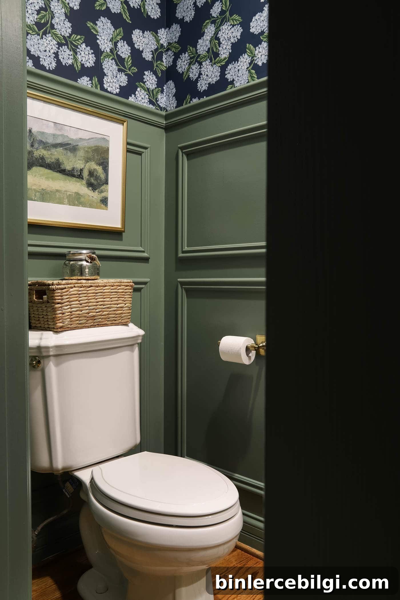 Traditional Blue and Green Powder Room Reveal 8 Picture Frame Moulding in Calke Green