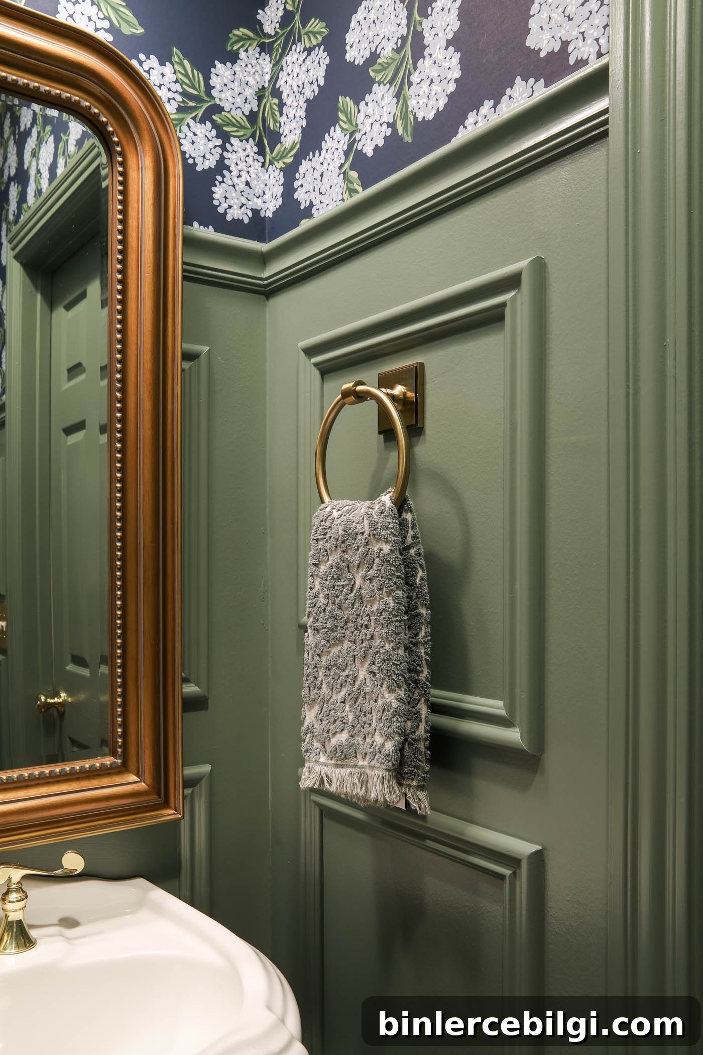 Traditional Blue and Green Powder Room Reveal 9 New Brass Towel Ring in Powder Room Makeover