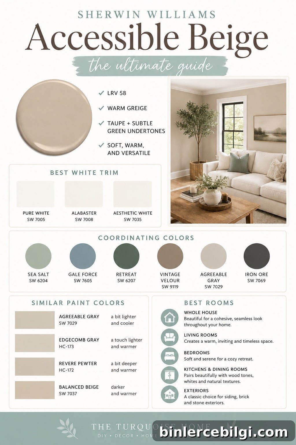 Pinterest infographic for Sherwin Williams Accessible Beige featuring LRV 58, undertones, best white trim colors, coordinating colors, similar paint colors, and best rooms to use this warm greige paint.
