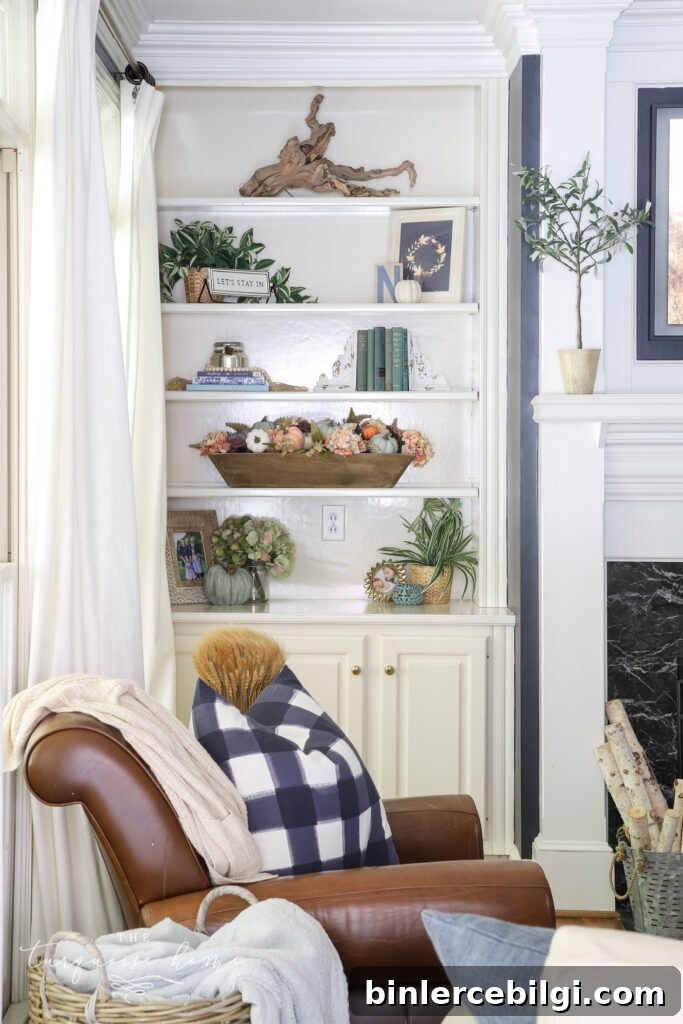Built-In Shelves with Fall Decor