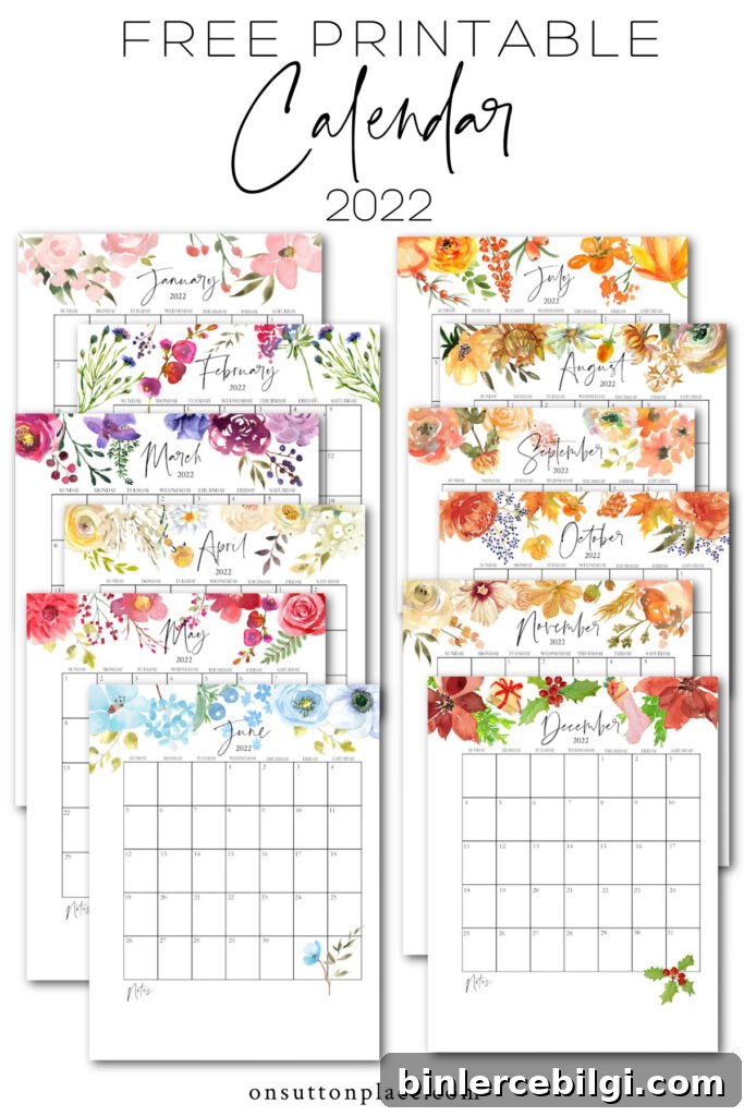 Free printable 2022 calendar with floral pattern