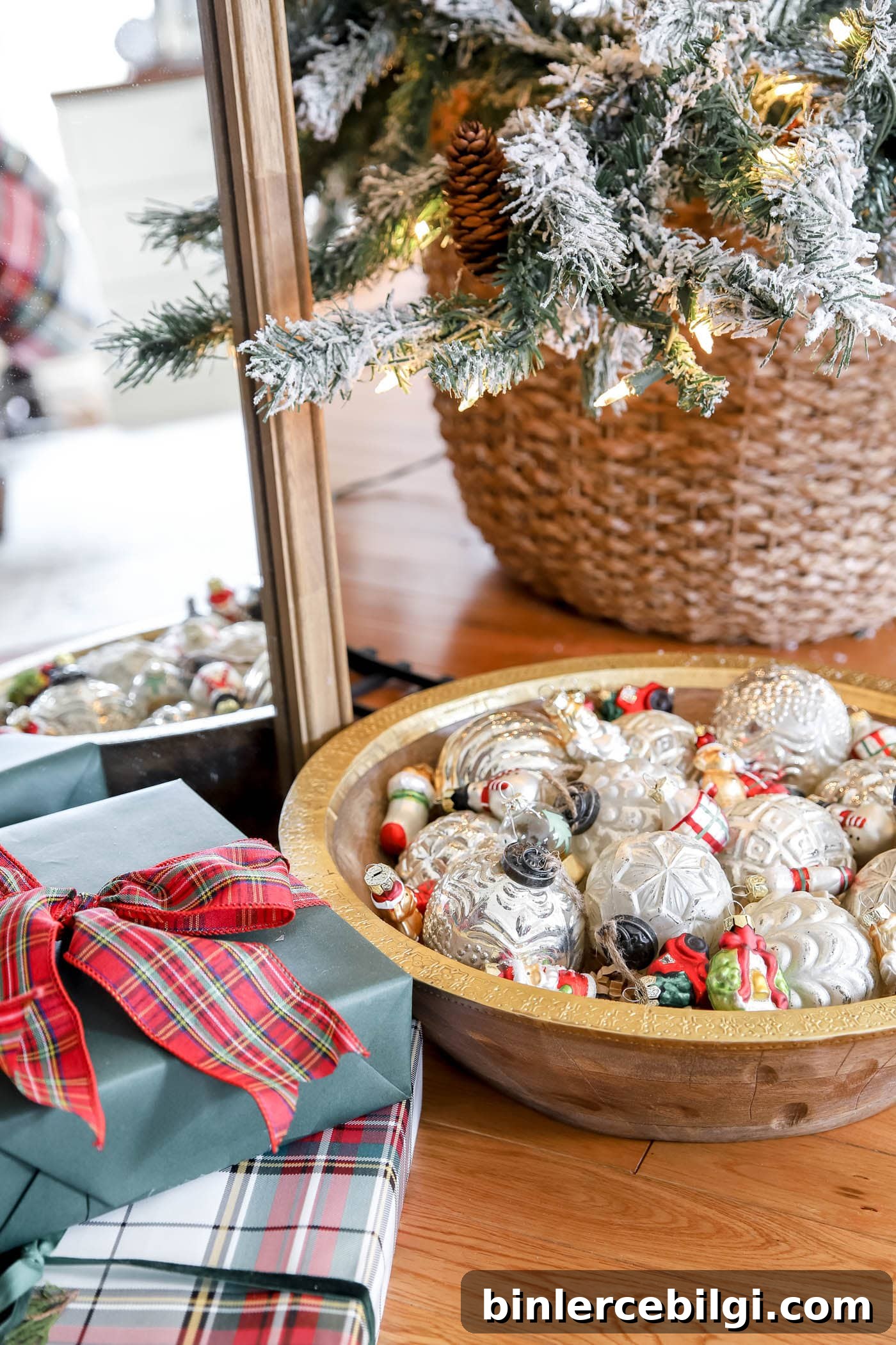 ornaments in a bowl under a tree