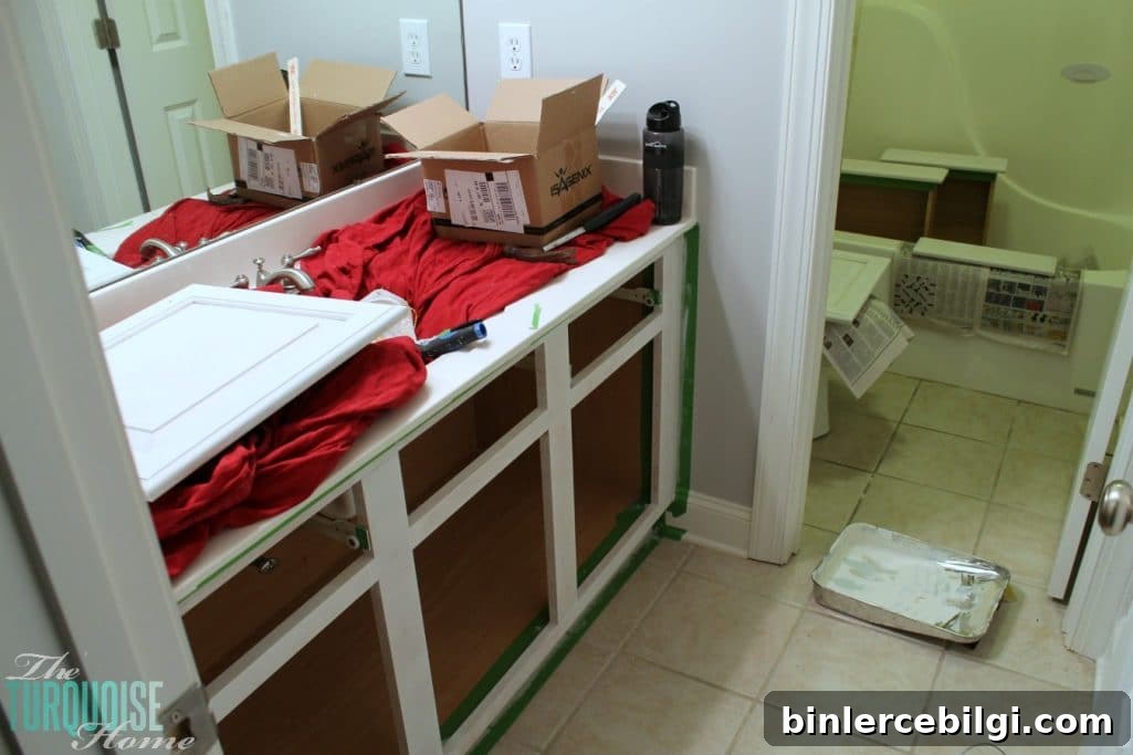 When painting cabinets, prime everything including the cabinet bases, doors and drawers. Use as much ventilation as possible and maybe a fan in the room, too!