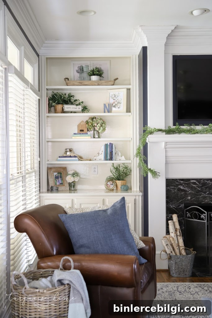 Hale Navy Living Room with White Built-In Bookcases