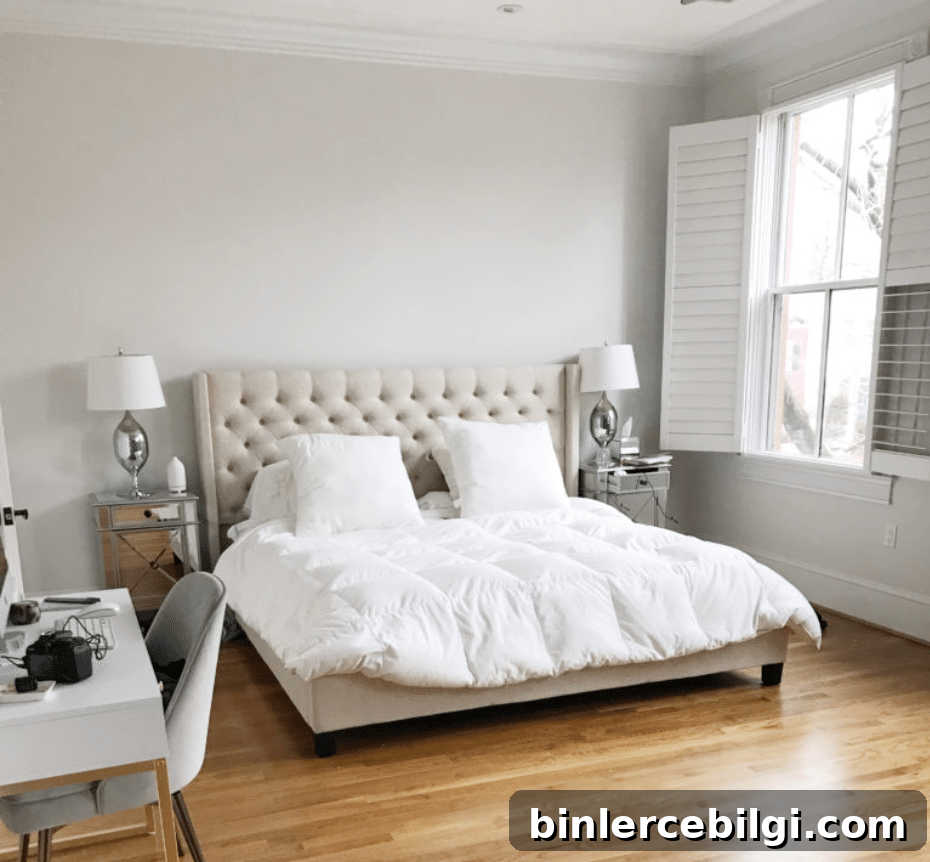 Bedroom Paint Colors That Create a Cozy, Relaxing Home (2026) 11 Silver Satin on walls in bedroom