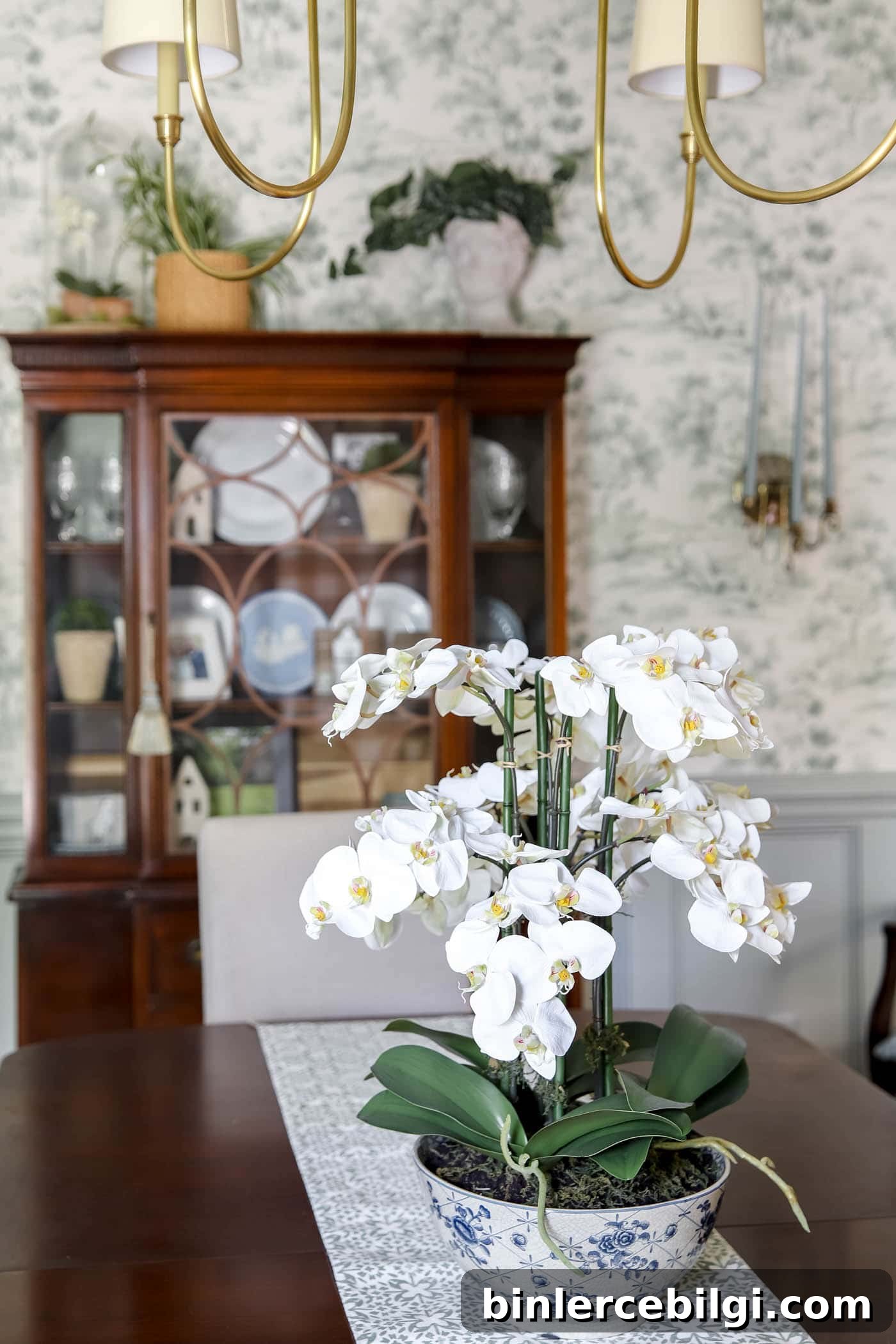 Faux Orchids in Blue and White Bowl