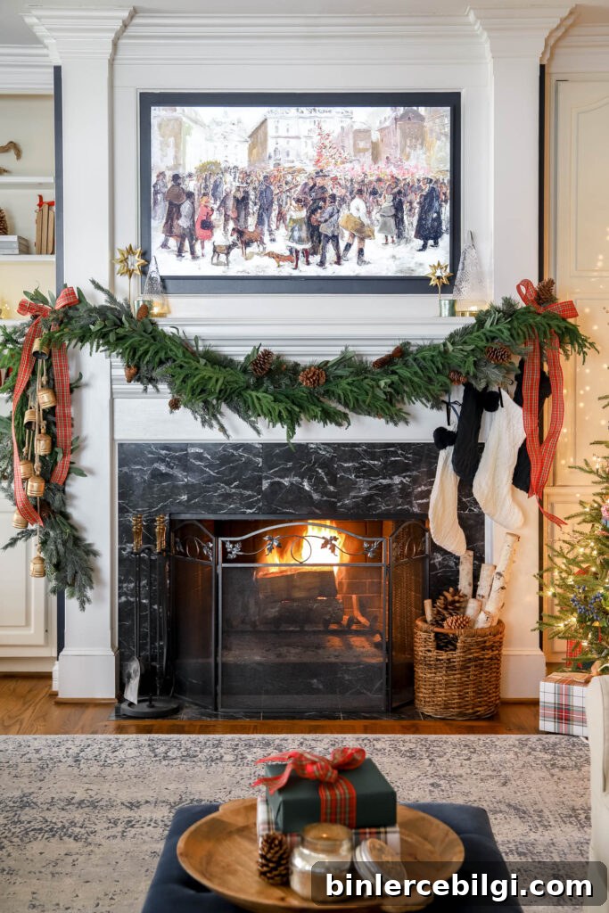 Asymmetrical Garland over Christmas Mantel