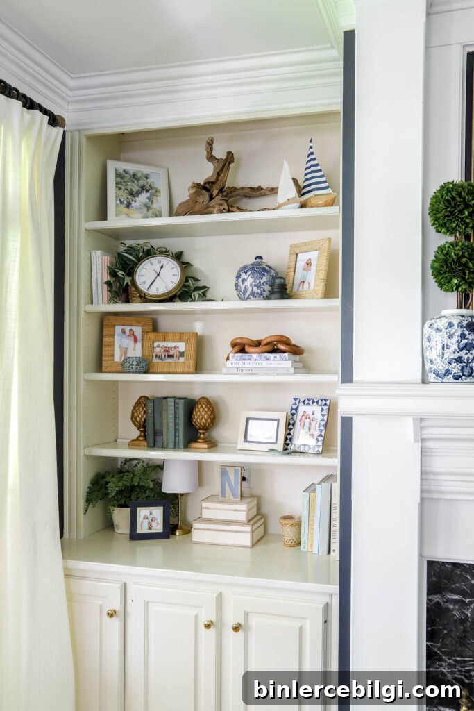Blue and White Summer Bookshelf Decor