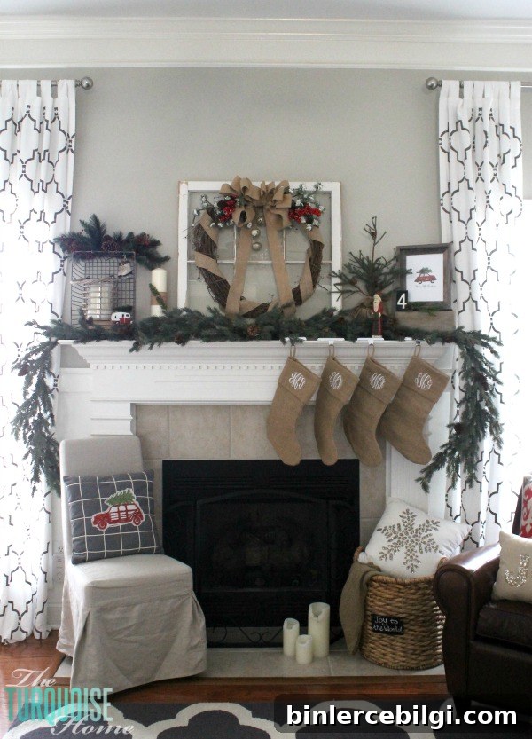 Simple Rustic (and a little glam) Christmas Mantel | TheTurquoiseHome.com