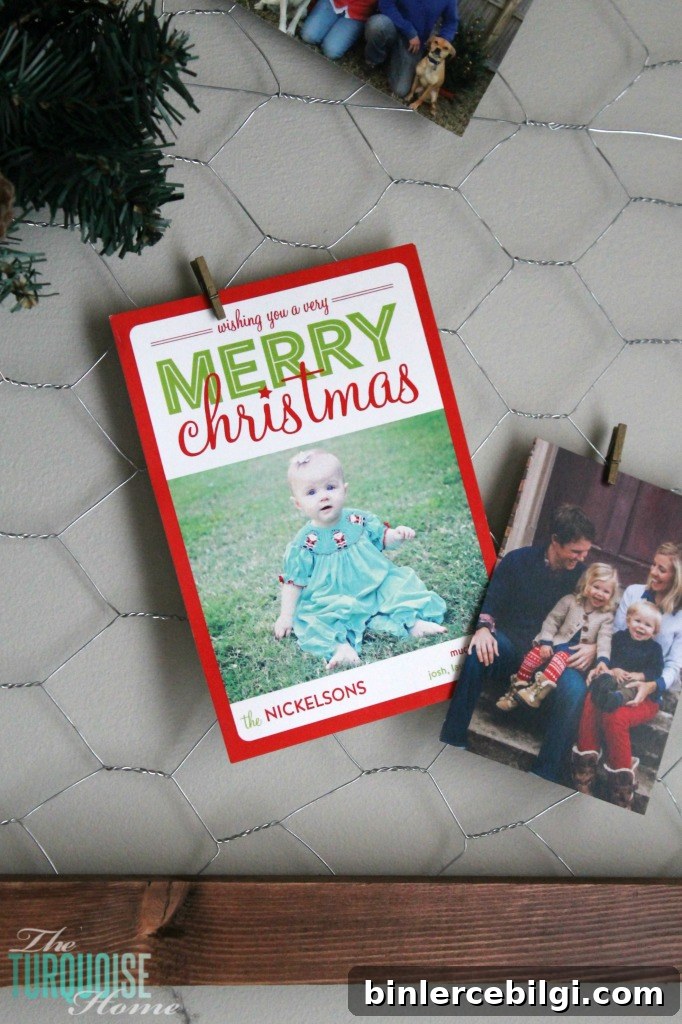 DIY easy framed chicken wire Christmas card holder | Simple Winter and Christmas Decor in the Living Room | TheTurquoiseHome.com