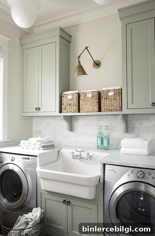 Sherwin Williams Oyster Bay Review: Blue-Green Paint Shade 7 Laundry room with upper and lower cabinets painted in Oyster Bay by Sherwin Williams