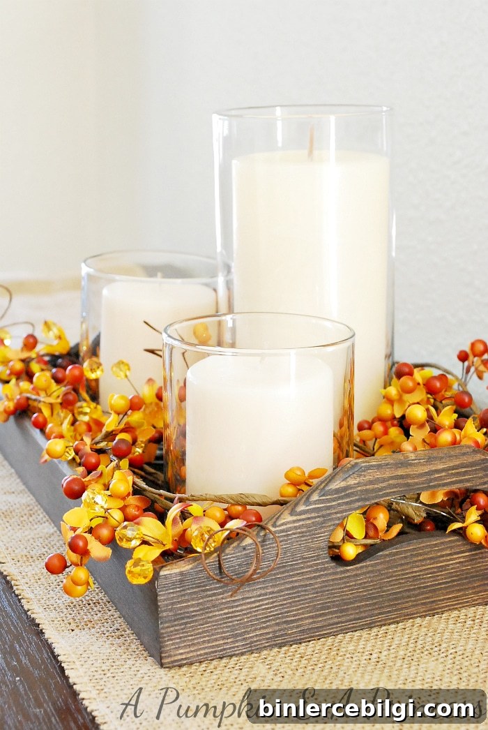 Tray decorated for fall with foliage and candles