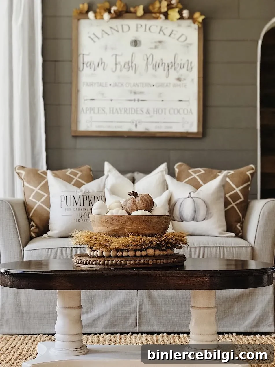 fall centerpiece with pumpkins on a coffee table