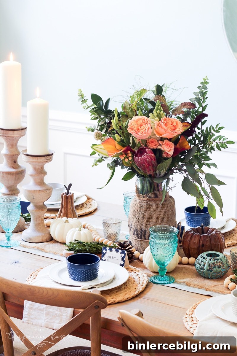 Lantern, Candles and Farmgirl Flowers Fall Tablescape