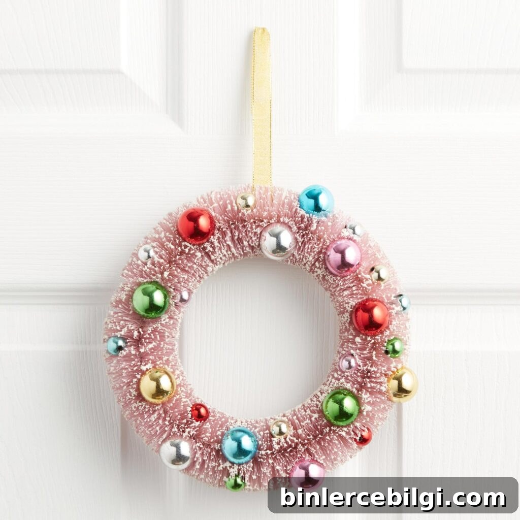 pink bottlebrush wreath with ornaments