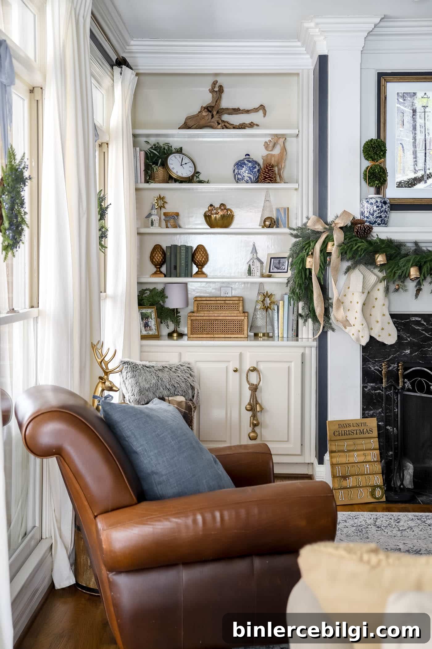 Blue and white Christmas built-in bookshelves