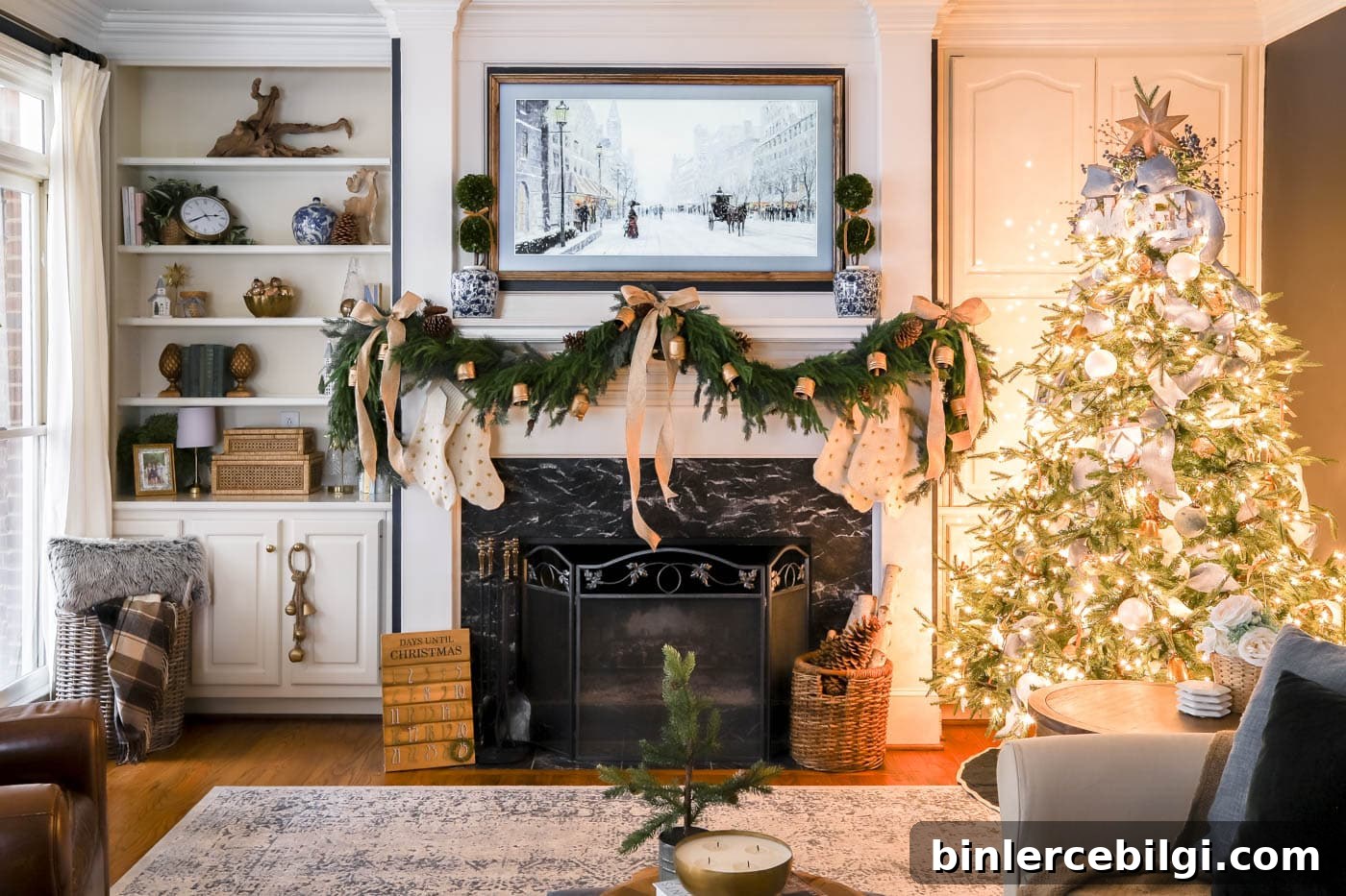 Gold, blue and white Christmas living room