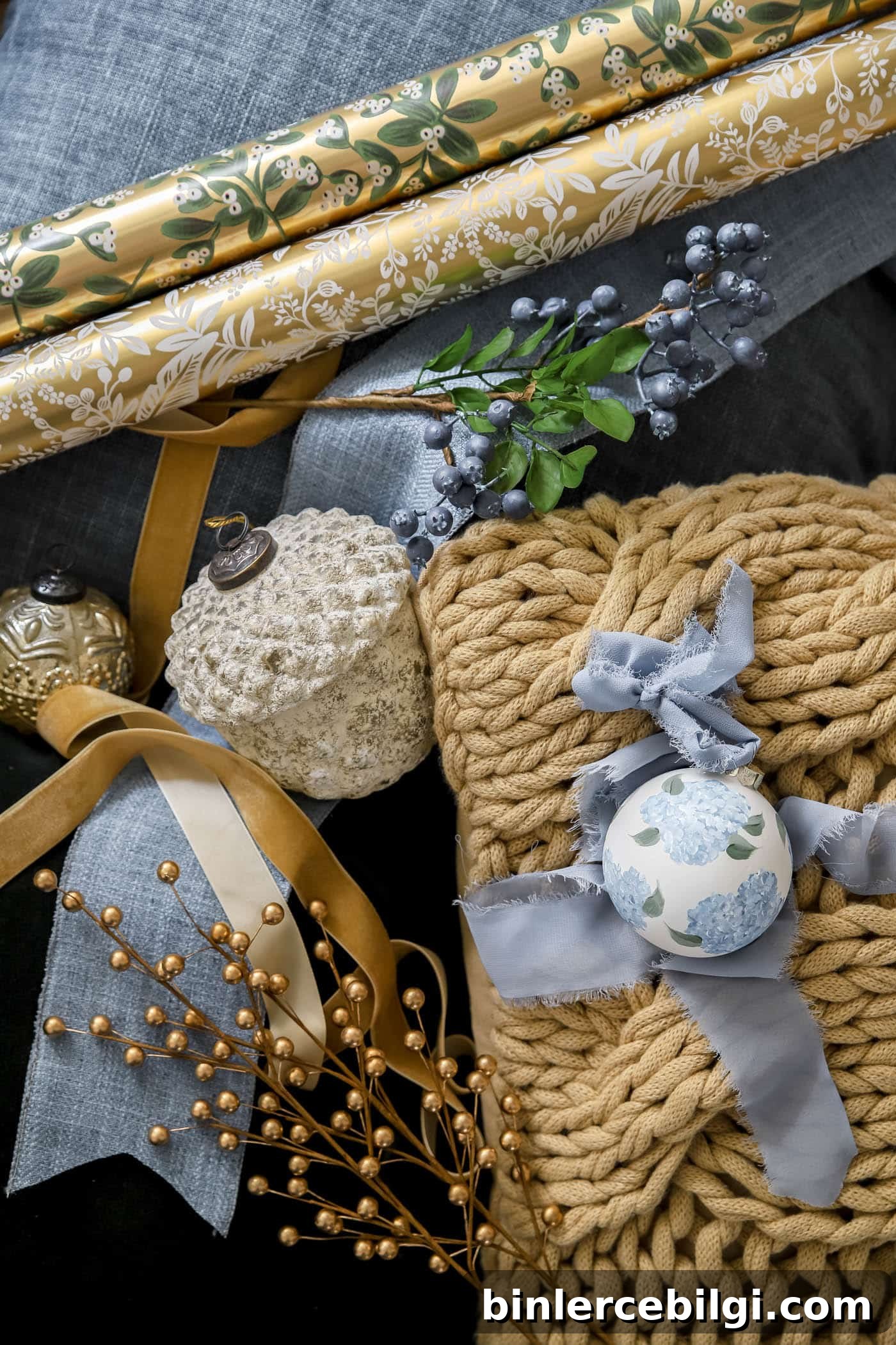 Gold, blue and white Christmas decor collage
