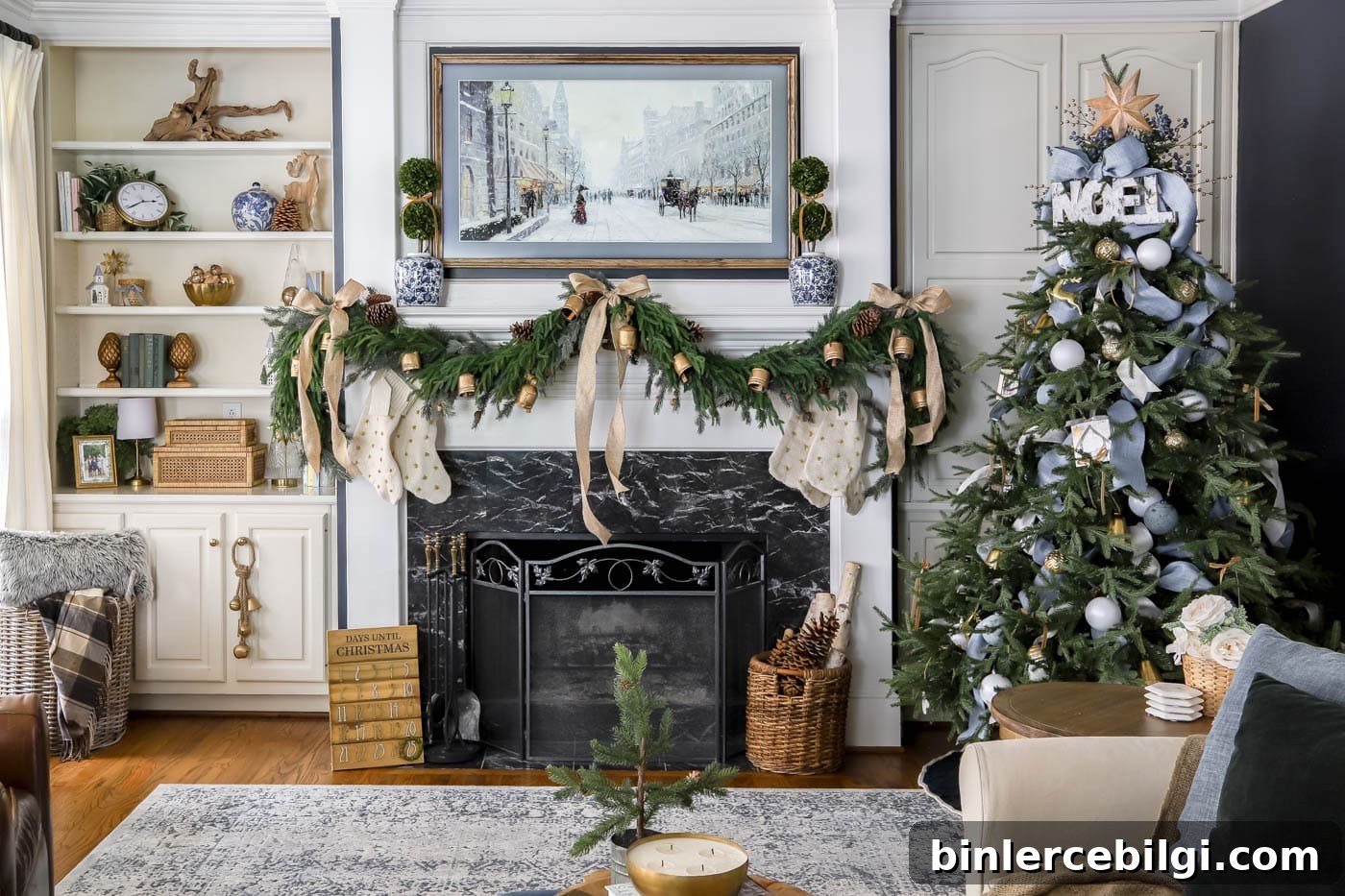 Blue and white Christmas decor in the living room