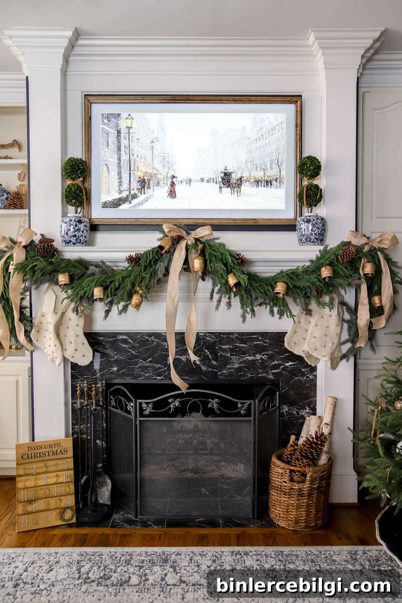 Blue and white Christmas decor on the mantel