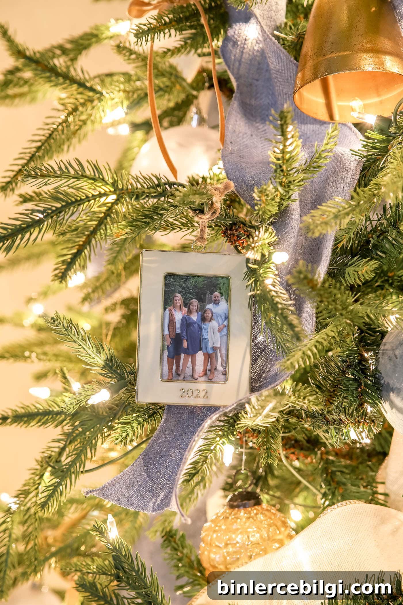 Dated picture frame ornament on blue and white tree