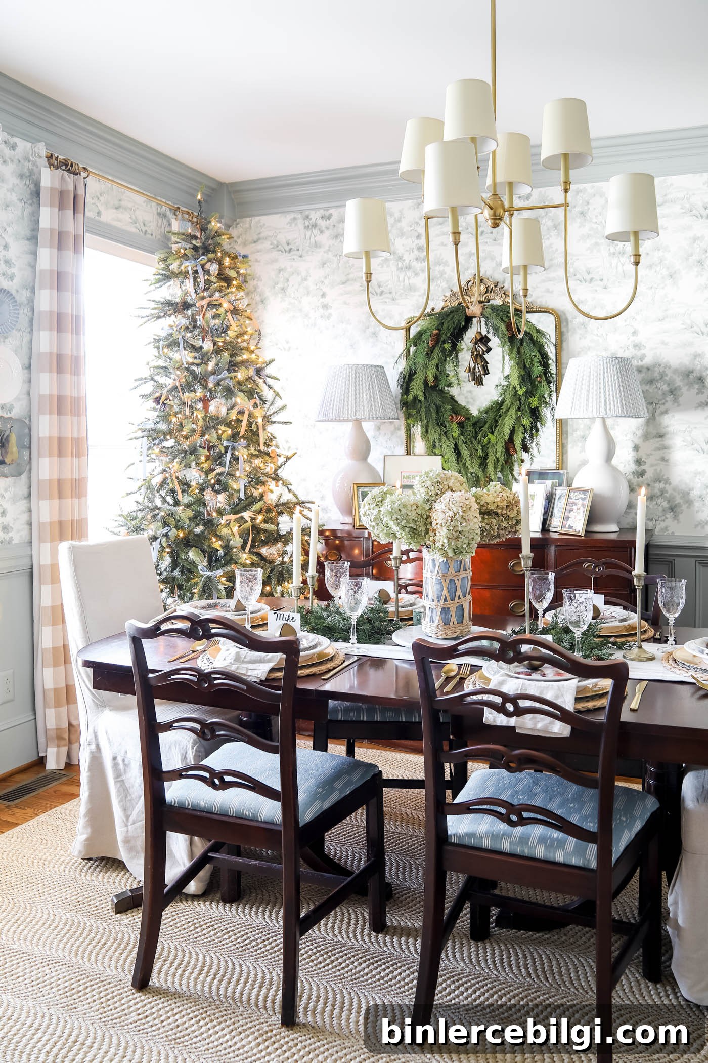 traditional blue and green Christmas dining room