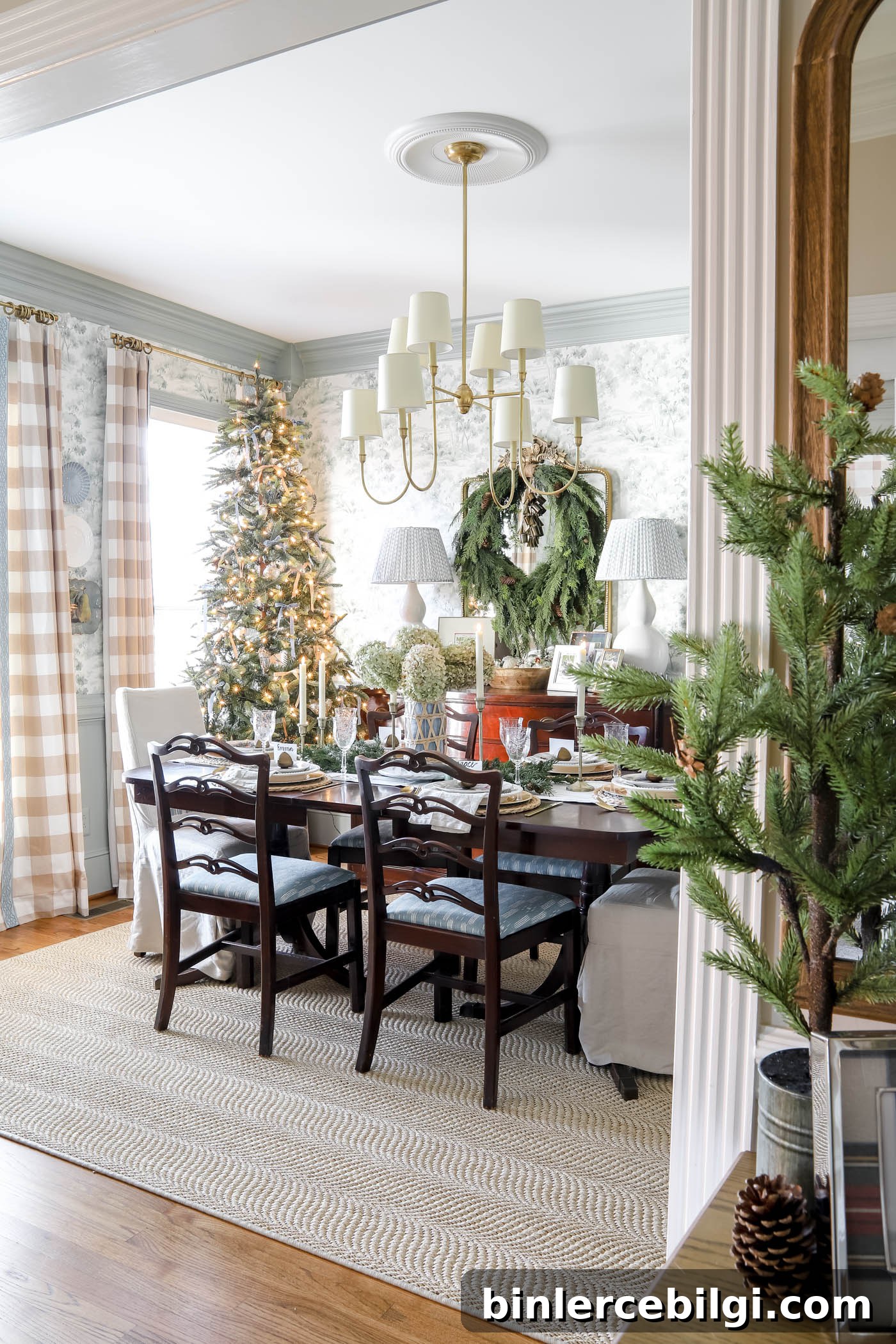 blue and green dining room decorated for Christmas
