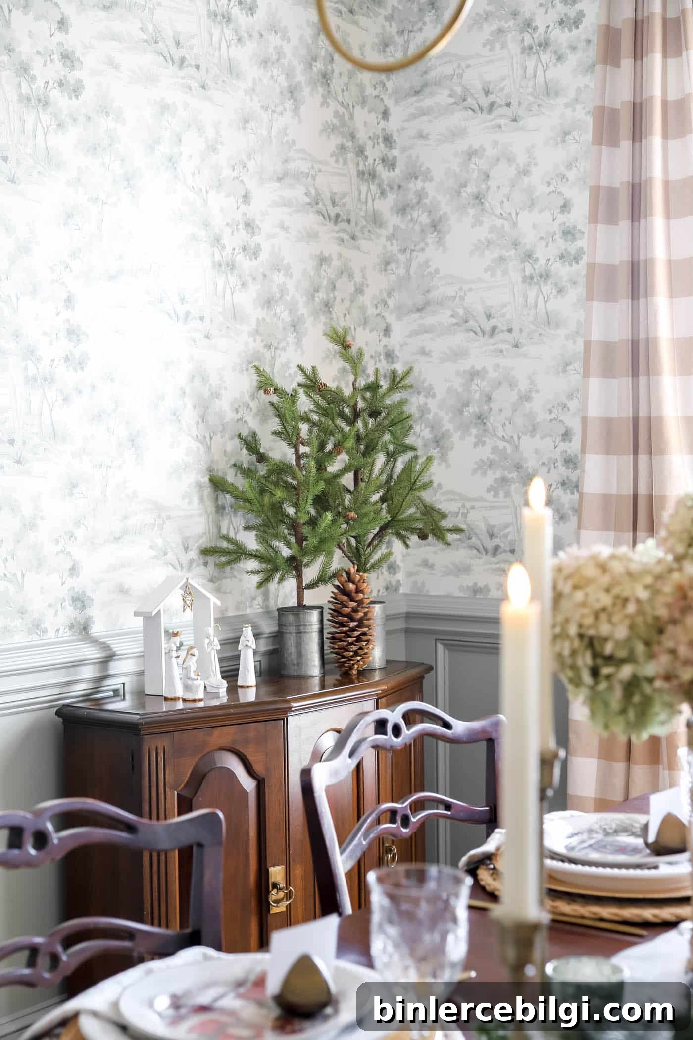 white nativity scene in dining room