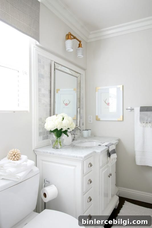 Benjamin Moore Pale Oak OC-20 Paint Color - Warm, Versatile Greige 3 crisp white bathroom with pale oak walls
