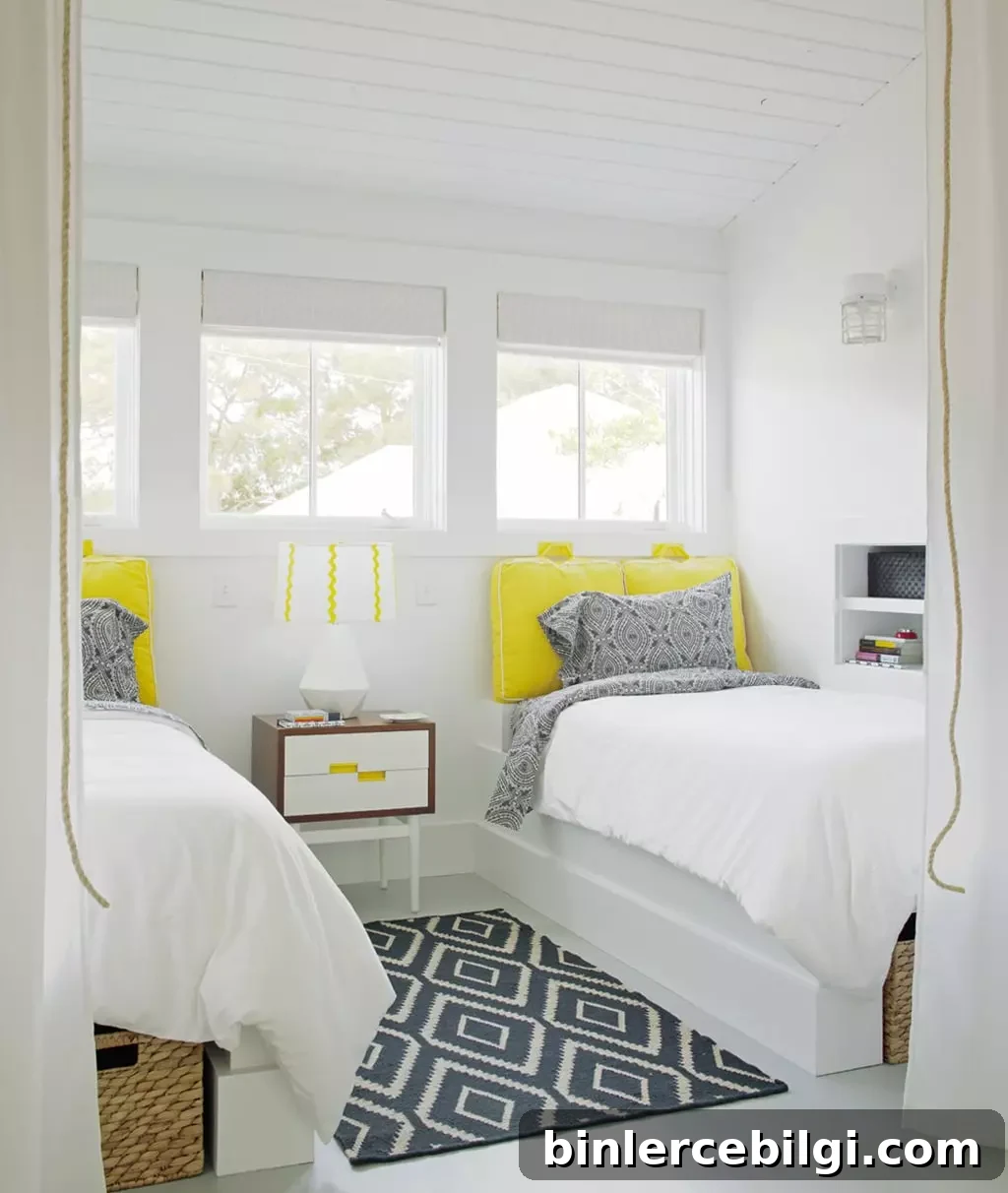 Sherwin-Williams Extra White SW 7006: Paint Color Guide 7 bedroom with twin beds and walls and ceiling painted in SW Extra White